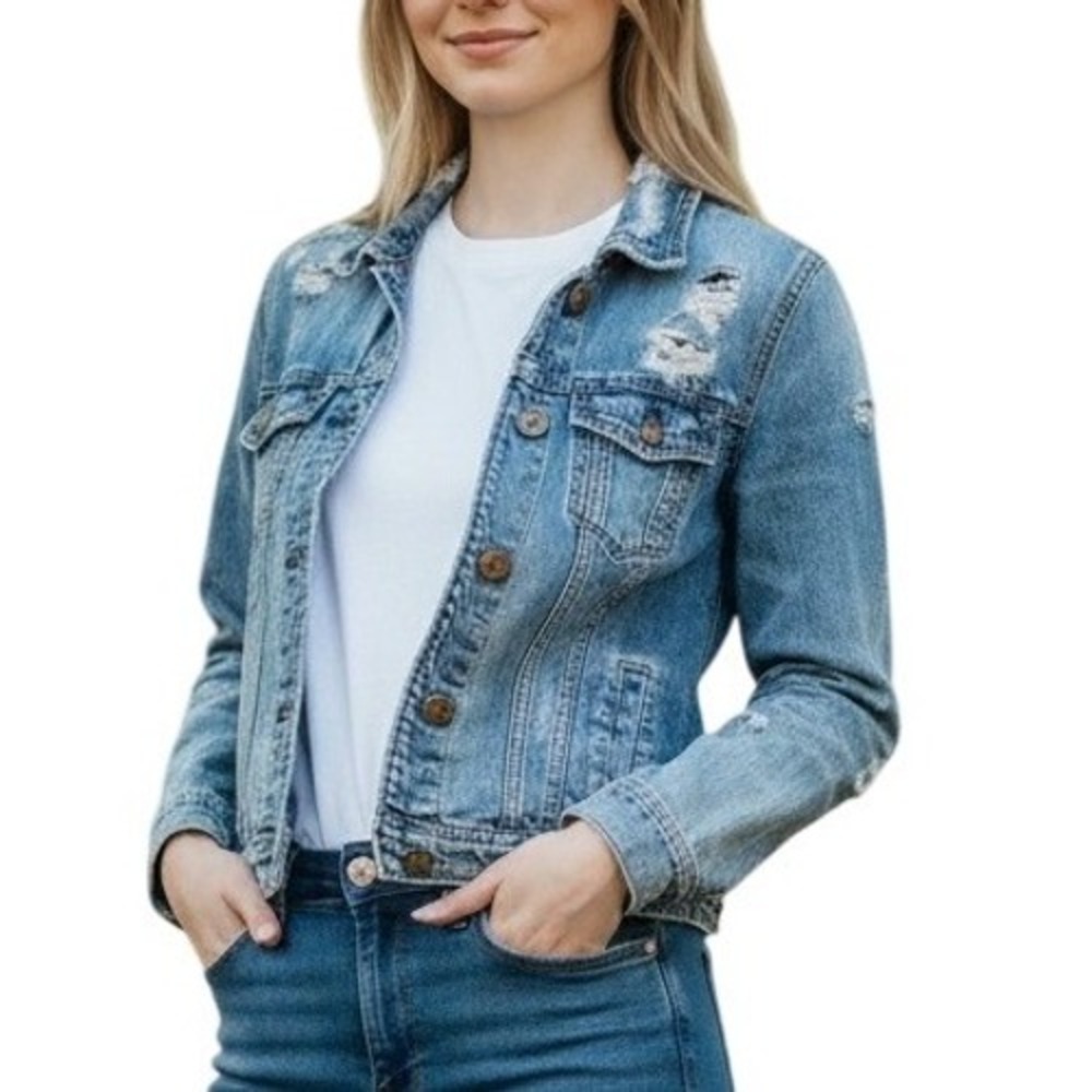 American Eagle Denim Jacket Womens Small Blue Distressed Jean Trucker Cotton